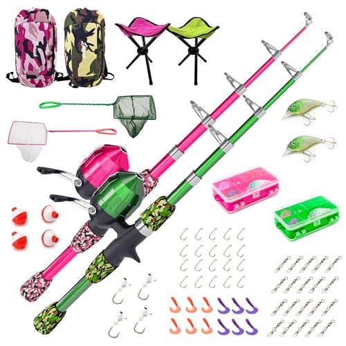 Lanaak Kids Fishing Pole, Kids Portable Telescopic Fishing Rod Set, Tackle Box and Fishing Net Combo Kit, Kids Fishing Gear for Boys and Girls Age 5-10 and Youth - color: 2 Pack (Camo Pink and Camo Green), size: 1.2m or 3.9FT