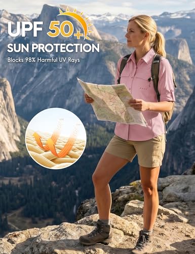 Haimont Women's UPF 50+ Long Sleeve Hiking Button Down Shirt | Quick-Dry, Mesh Back Vents, Roll-Up Tabs, Rod Holder, Lens Cloth, Camping & Travel - color: Pink, size: X-Large