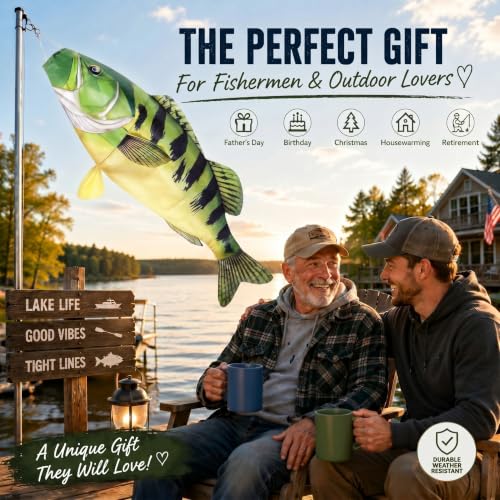 Newwiee 1 Pcs 45" Fishing Windsock for Outdoor Decor, Heavy Duty Fade Resistant Hanging Flag with Swivel Clip for Boat Dock Lake House Patio Yard, Fishing Gift for Men Dad Fisherman (Bass) - style: Bass