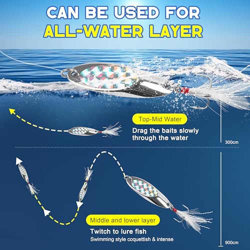 Fishing Spoon Lures, Hard Metal Spoon Fishing Lures Casting Trout Spoons with Treble Hook Jigging Spoon Bait for Bass Pike Trout Walleye Salmon Saltwater Freshwater - size: 14g(1/2oz)-5pcs, style: With Feather