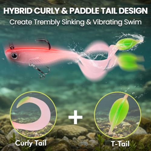 TRUSCEND Duramax TPE Soft Fishing Lures with BKK Hooks, Easy Catch Curly & T-Tail for Trembly Sinking & Vibrating Swim, UV or Glow Effect for All Conditions, Pre-rigged Swimbait for Bass Trout Crappie - color: A-2.5"-1/8oz
