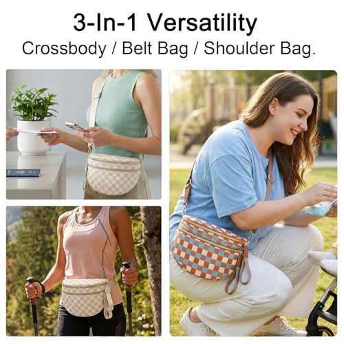 Crossbody Bags for Women, Spacious Nylon Belt Purse Fanny Packs, Crescent Oversized Checkered Bum Bag (Checkered - Beige) - color: Checkered - Beige