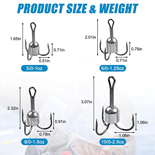 Snagging Weighted Treble Hooks, 5pcs Snagging Hooks Large Weighted Fishing Hooks Saltwater Treble Bunker Snag Hook for Tuna Swordfish Striper Halibut Trolling 5/0 6/0 8/0 10/0 - size: 6/0-1.25oz-5pcs