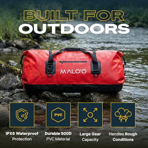 Malo’o Waterproof Dry Duffel, Heavy-Duty Roll Top Waterproof Gear Bag with Shoulder Strap & Molle Loops, Marine Duffel for Kayaking, Boating, Camping, Beach & Travel, Red, 100L - color: Red, size: 100L