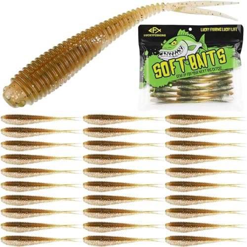 LUCKYFISHING Soft Plastic Baits 20PCS/30PCS/40PCS Forked Tail Fishing Soft Bait for Bass Walleye Trout Crappie Lures 3in/3.5in/4in - color: Brown Magic, size: 3.5in-30pcs