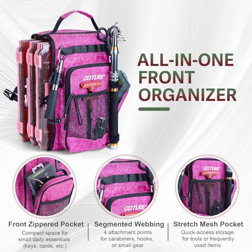Goture OpenSide Tactical Sling Tackle Bag with 3 Tackle Trays, Lightweight Fishing Backpack Storge Fishing Gear -Shimmering Pink Bag Outdoor,Gift for women - color: Shimmering pink, size: Small bag with 3600 trays, style: Bag + Fishing Boxes(handle)
