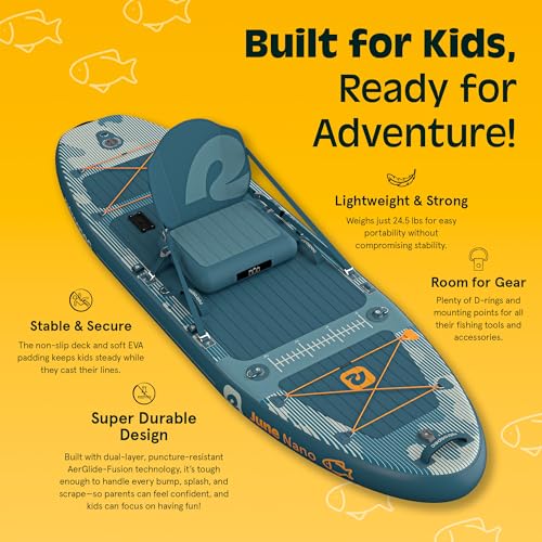 Retrospec June Nano Kids Inflatable Fishing Paddle Board SUP Kayak: 9'6" Hybrid Paddleboard with Rod Holders, Removable Seat - Lightweight Portable Youth Fishing Board - color: River Rock Legacy