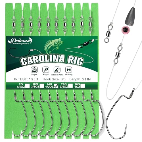 Dovesun 10/5PCS Ready Tied Carolina Rig Kit for Bass Fishing Catfish Rig Catfish Hook Kit with Bass Hooks, Swivel, Fluorocarbon Line, Weights - color: 10PCS, size: Size3/0 - Weight1/2oz