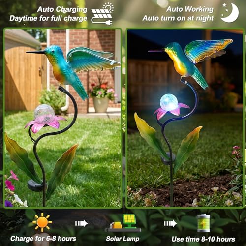 HONGLAND 46 Inch Solar Hummingbird Lights, Solar Garden Decor with Cracked Glass Ball, Hummingbird Decorative Garden Stakes Outdoor Waterproof for Lawn Patio Yard Porch, Gifts for Mom - color: Hummingbird