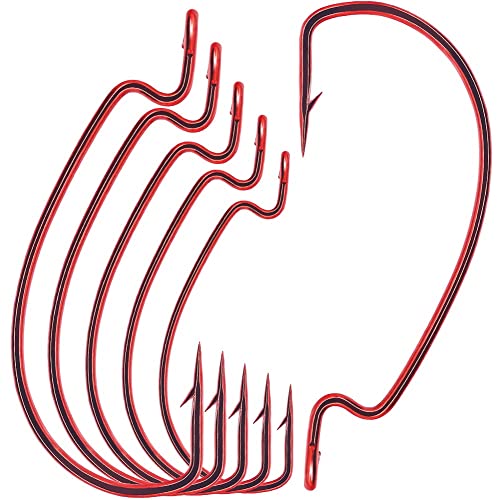 Offset-Worm-Hooks-for-Bass-Fishing-Rubber-Worms-Ewg-Wide-Gap-Bass-Hooks Freshwater Texas Rig Soft Plastics Worms Bait Fishing Hook Black Red Colored 1/0 2/0 3/0 4/0 - color: Red, size: Size 1