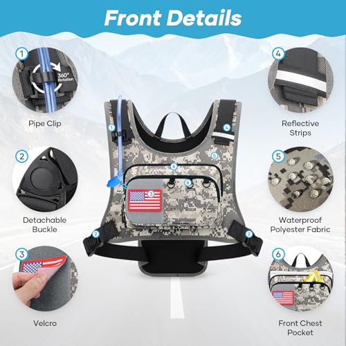 Maelstrom Hydration Running Vest with 2L Water Bladder for Men Women | Chest Pack, BPA-free, High Flow Bite, Reflective Stripe, Detachable, Breathable Pad, Perfect for Cycling, Marathon, Hiking - color: Camo