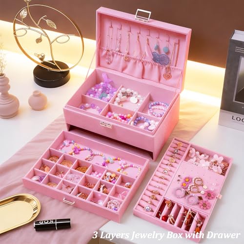 QBestry 3-Layer Jewelry Box for Girls & Teens with Lock and Key, Large Jewelry Organizer with 8 Necklace Hooks & 56 Earring Holes, Pink Velvet Jewelry Storage Box for Necklaces Earrings Rings Bracelet - color: Pink