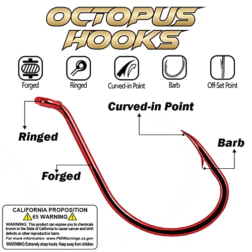 Octopus-Hook-Fishing-Beak-Circle-Hooks-Freshwater-Red-Black-100-50 Pack - color: 1-Red, size: Size:4 100-Pack