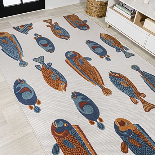 Eyely Fish High-Low Area Rug 5 X 8 Navy/Orange/Cream, Indoor Outdoor Rug | Ships Rolled, Durable Flat Weave, Lays Flat for Backyard, Patio, Porch, Easy-Cleaning, High Traffic,Pet-Friendly,Non-Shedding