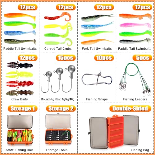 Fishing Lure Kit, 91PCS Fishing Lures Tackle Box Included Tail Swimbaits, Soft Worm Grubs, Crappie Jigs Heads, Fishing Snap Leaders, Fishing Bait Kit for Starter Bass Trout Freshwater Saltwater