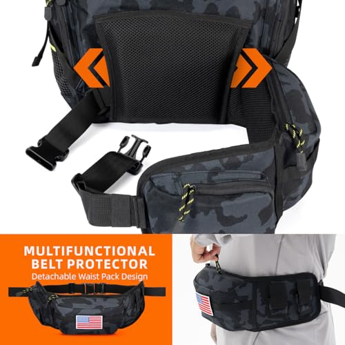 Ghosthorn Fishing Tackle Backpack with 4 3600 Tackle Boxes Rod Holder Outdoor 43L Large Bag with Detachable Wasit Bag Storage Gear and Equipment Waterproof - color: With 3600*4 Black Camouflage (43l)