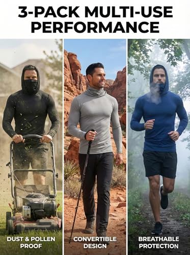 3 Pack Men's Fishing Hoodie with Face Cover - Quick Dry Long Sleeve Performance Tee for Outdoor Sports & Yard Work - color: Black+grey+blue【self-cultivation】, size: 3X-Large
