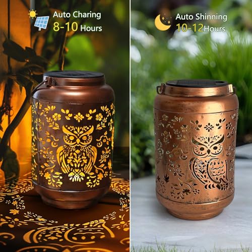 HONGLAND Solar Lanterns Outdoor Gifts for Women, Waterproof Hollowed-Out Owl Design with Warm White LED, Auto On/Off Solar Hanging Lights for Garden, Patio, Porch Decor - color: Owl