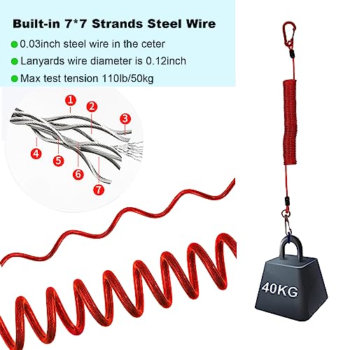 Fishing Lanyard, Heavy Duty Coiled Lanyards Stainless Steel Wire Inside, Safety Rope Extension Cord Tether Retractable Fishing Accessories for Rods, Pliers, Boating, Paddles, Kayak - color: Red