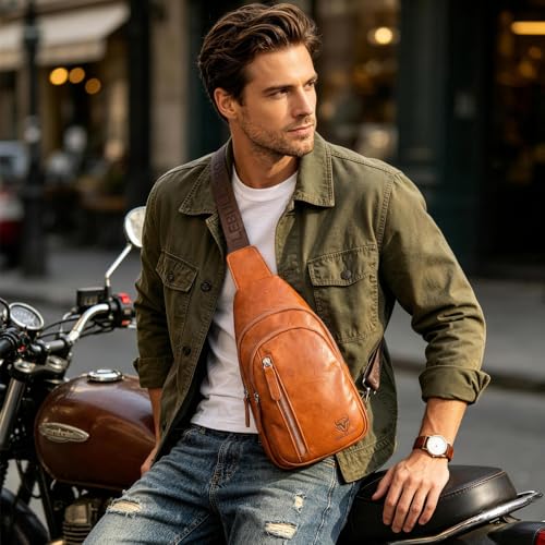 Crossbody Bags for Men Leather Sling Bags Mens Chest Bag Backpack Travel Hiking Fishing Outdoor Sports - color: Light Brown