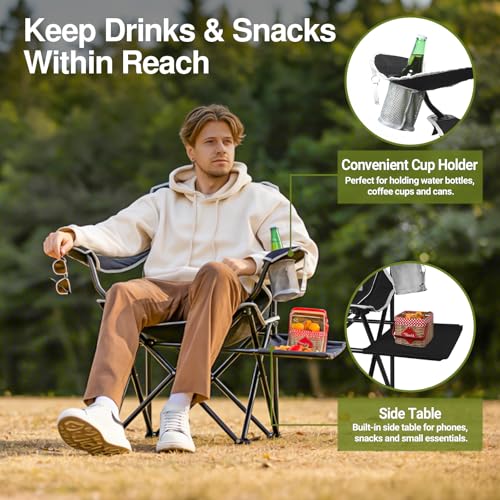 XGEAR Camping Chairs 350LBS Capacity, Heavy Duty Folding Chair with Side Table, Portable Outdoor Chair with Cup Holder for Adults, Collapsible for Tailgating, Beach, Fishing, Backyard (Black, 2-Pack) - color: Black, size: 2-Pack