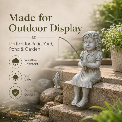Goodeco Fishergirl Statue Garden Decor - 11" Little Fishing Guy for Koi Pond or Waterfalls, Poolside Statue with Glow in Dark Pebbles Included, Great Gifts for Mom, Women or Birthdays, Gift Ideas - color: Fishergirl