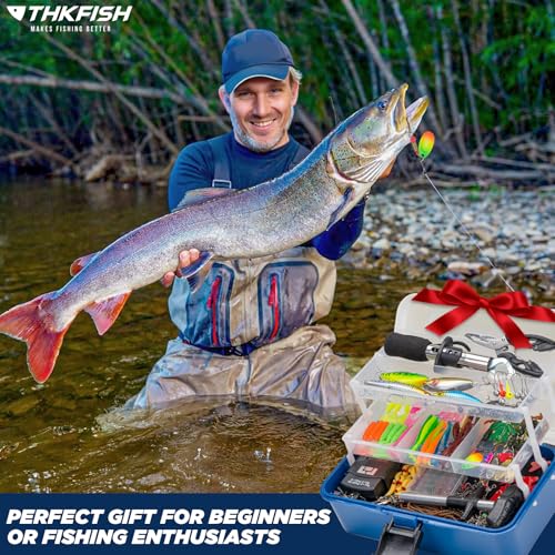 THKFISH 400PCS Fishing Lures Accessories Kit with Large 3-Layer Tackle Box Complete Freshwater Bass Fishing Gear Tools Set with Pliers, Fish Scale, Crankbait, Hooks, Weights Gift for Men - color: Blue