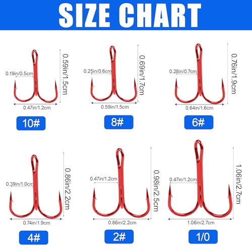 50 Pack Fishing Treble Hooks Kit High Carbon Steel Fish Hook Strong Sharp Round Bend Split Rings for Lures Baits Saltwater Freshwater Fishing Size 1/0 2 4 6 8 10 - color: Red, size: 8# - 50pcs