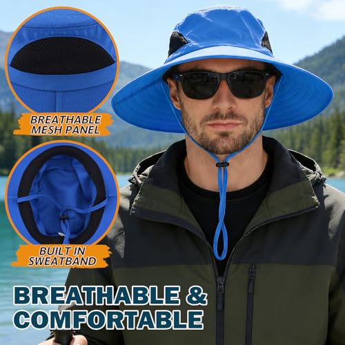 Wide Brim Sun Bucket Hat, Waterproof Boonie Hat for Men & Women | UPF 50+ UV Protection, Adjustable Fit, Chin Strap & Sweatband, Foldable Durable for Fishing Hiking Garden Beach - color: 01 Blue