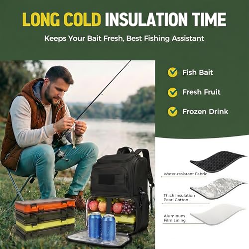 MATEIN Fishing Backpack Tackle Box, Water Resistant Tackle Backpack with Cooler & Rod Holders, Fishing Gifts for Men - color: Black