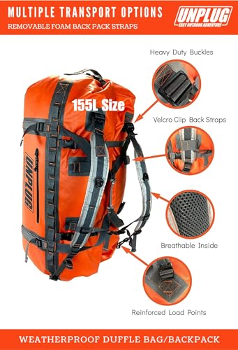UNPLUG Ultimate Adventure | 1680D Heavy Duty Waterproof Bag | Large Travel Bag which can be Used for Camping, Motorcycling, Boating, or Hunting|155L Adventure Orange - color: Adventure Orange, size: 155L