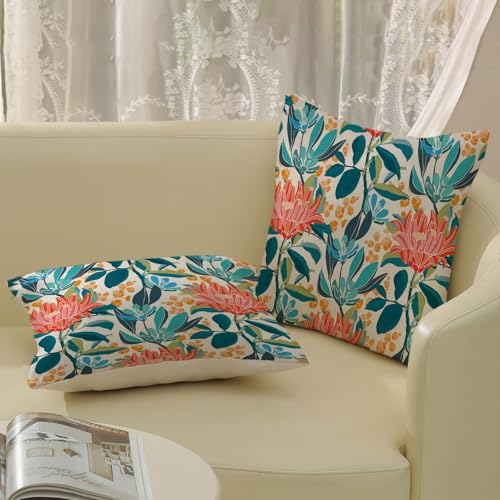 Boho Outdoor Pillow Covers 16x16 Inch 2 Pcs Aqua Teal Coral Colorful Leaf Floral Decor Throw Pillows Vintage Flower Botanical Seasonal Decoration Pillowcase Linen Cushion Cover for Couch Sofa - color: Boho Teal Floral, size: 16" x 16" (Pack of 2)