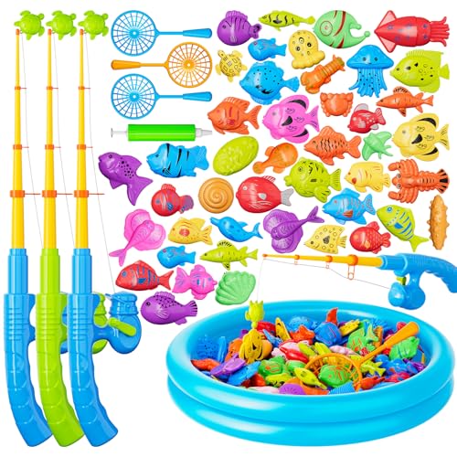 Magnetic Fishing Pool Toys Game for Kids Toddlers 3-5 4-8, Water Table Bathtub Toy with Inflatable Pool Pole Rod Net Plastic Floating Fish, Water Bath Pool Outdoor Toys for Kids Toddlers Baby - style: 44 fish with pool