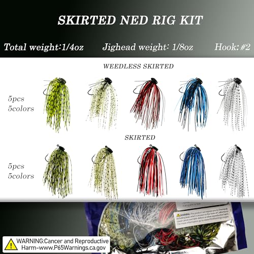 Ned Rig Jig Heads Soft Plastic Worms Fishing Lures Kit, 60/50/10 Pcs Weedless Skirted Mushroom Ned Rigs Jighead Hooks Stick Baits Bass Fishing Lures for Freshwater Saltwater - color: 5 Pcs Weedless Skirted Ned Rigs + 5 Pcs Skirted Ned Rigs