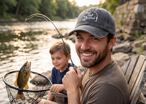 Fishing Baseball Cap for Men Women, Adjustable Embroidered Hat | Fishing Gear, Outdoor Adventure Design, Precision Embroidery Craft, One Size Adjustable Fit - color: Dad (Washed Black)