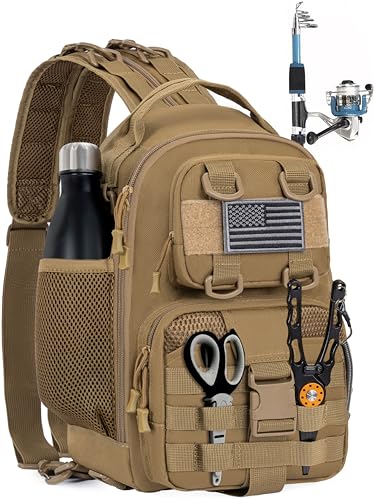 GMAK Fishing Backpack Tackle Sling Bag, Tactical Fishing Tackle Backpack with Rod & Gear Holder, Lightweight Outdoor Water-Resistant Tackle Gear Pack Shoulder Bags for Men Women, Khaki - color: Khaki, size: Standard, style: Sling Backpack