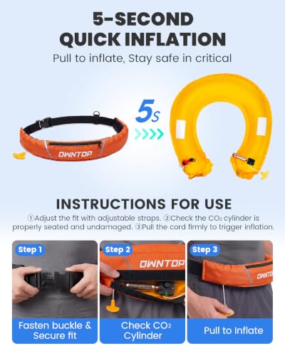 Owntop Manual Inflatable Belt Pack, Adults Swim Jacket with Blowpipe & Whistle, 24g CO2 Cylinder Included, Low Profile for Kayaking, Fishing, Paddle Sports - color: Orange, size: One Size