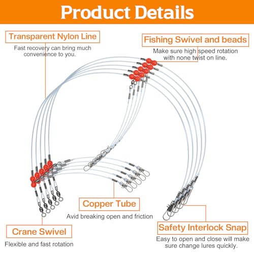 Fishing Leaders Saltwater Tackle Surf Fishing Rigs High Strength Fishing Wire Leader Line Rig with Swivels Snap for Lures Bait Hooks - color: Blue Nylon, style: 2 Arm, 12pcs