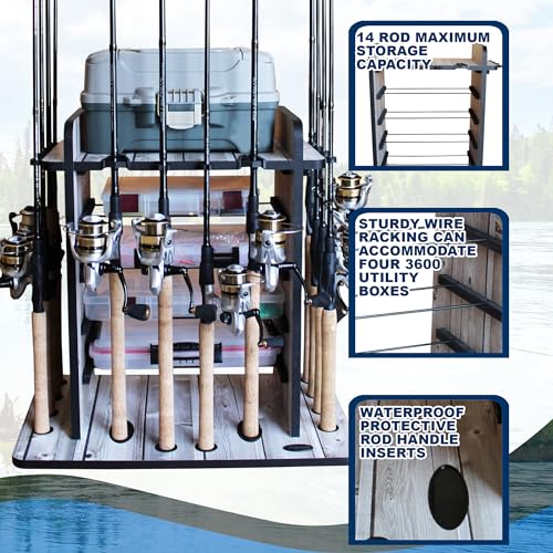 Rush Creek Creations Fishing Rod Holder for 14 Saltwater/Freshwater Rods, Fishing Pole Holder w/ up to 4 Fishing Gear Tackle Box Storage for Garage Organization/Boat Storage for Fishing Accessories | Fishing Pole Holder - color: Bass Pond Graphics