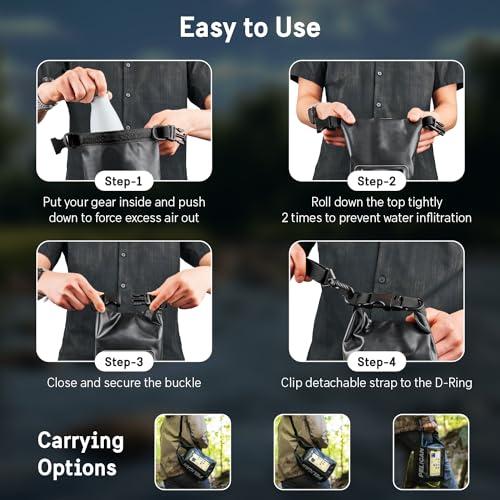 Pelican Marine IP68 Waterproof Dry Bag 5L with Phone Pouch/Case - Black | Roll Top Waterproof Backpack with Touchscreen Phone Pouch - Swimming, Kayaking, Camping, Rafting, Fishing & Travel Essentials - color: Stealth Black, size: 5L