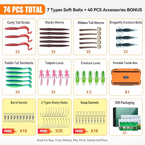 Clearance Bionics-Designed Durable Soft Plastic Fishing Lures Kit with Bonus Accessories, 3/4/5/6 Inch, 9-Type Lifelike Swimbaits in One Gear Set Included Tackle Box for Bass - color: Green Lures Kit with tackle box