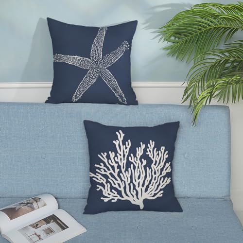 Navy Blue Coastal Pillow Covers 16x16 Inch 2 Pcs Starfish Coral Summer Outdoor Decor Throw Pillows Nautical Beach Ocean Holiday Decoration Pillowcase Linen Cushion Cover for Couch Sofa - color: Navy Blue Starfish Coral, size: 16" x 16" (Pack of 2)