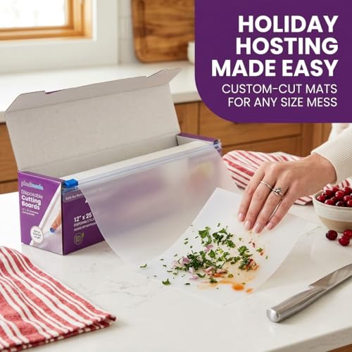 Disposable Cutting Board Sheets with Built-In Sliding Cutter - Flexible Plastic Cutting Boards for Kitchen Meal Prep, Camping, Travel, Tailgating & Commercial Use