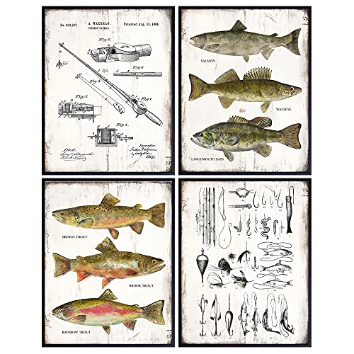 Fishing Accessories Patent Print, Rod, Reel, Lures Wall Art Set - Lake or Mountain House Decor for the Home - Rustic Vintage Bass, Trout, Freshwater Fish Room Decoration Poster - Gift for Fishermen - size: 8x10 inches