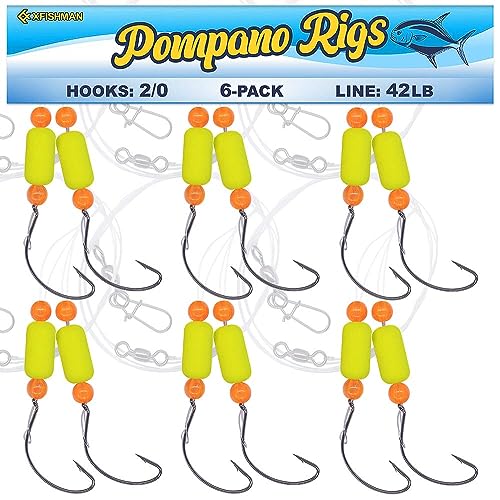 Pompano-Rigs-for-Surf-Fishing-Saltwater-Gear with Double Circle & Wide Gap Hook-6-Pack Surf Fishing Tackle - color: Neon Yellow 6-Pack, size: #2 Wide Gap Hook