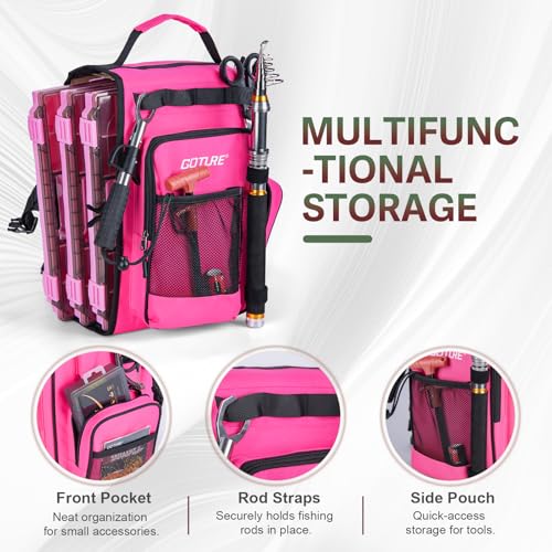 Goture OpenSide Tactical Sling Tackle Bag with 3 Tackle Trays,Lures & Fishing Tools, Lightweight Fishing Backpack Storage for Fishing Gear-Pink Bag, Gift for Women - color: Pink, size: Small bag with 3600 trays, style: Bag + Fishing Boxes(handle) + Pink F