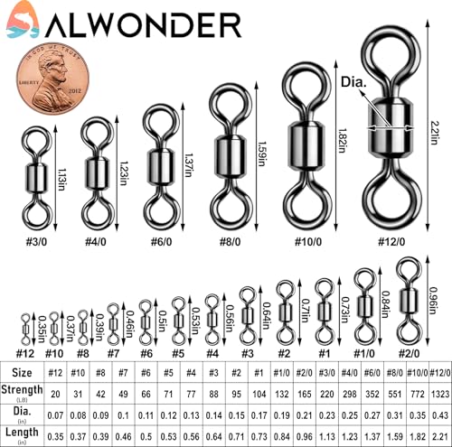 Alwonder Fishing Barrel Swivels 20 to 50-Pack Swivels Fishing Tackle Freshwater Saltwater Swivel Rolling Swivel Heavy Duty Black Nickel Stainless Steel Lures Leaders Line Connectors Terminal Tackle - size: #10/0(772LB)-20 Pack