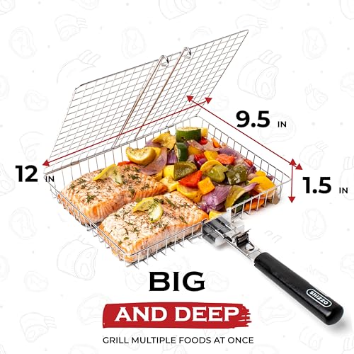 SHIZZO Grill Basket Gift Set - Removable Wooden Handle - Non-Stick Stainless Steel, BBQ Grilling Rack for Fish, Shrimp, Vegetables - Camping & Outdoor Smoker Accessories, Gifts for Dad, Husband