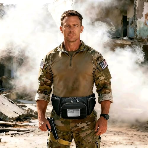 Tactical Fanny Pack Gun Holster Concealed Carry Pistol Military Tactical Waist Bag Waterproof Molle EDC Pouch with USA Flag Patch - color: Black