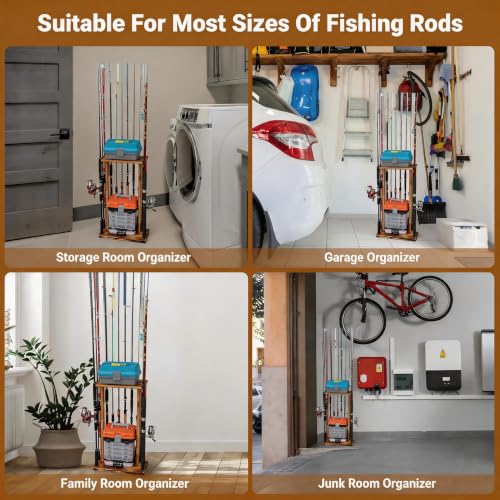 SMMYMGF Wood Fishing Pole Holder,Garage Rod Storage Organizer,More capacity | 1.Store More Fishing Tools2.Rock-Solid Stability3.Fits Large Reels with Ease4.Space-Saving5.Ultimate Gift for Anglers - color: store 12 fishing rods or combos